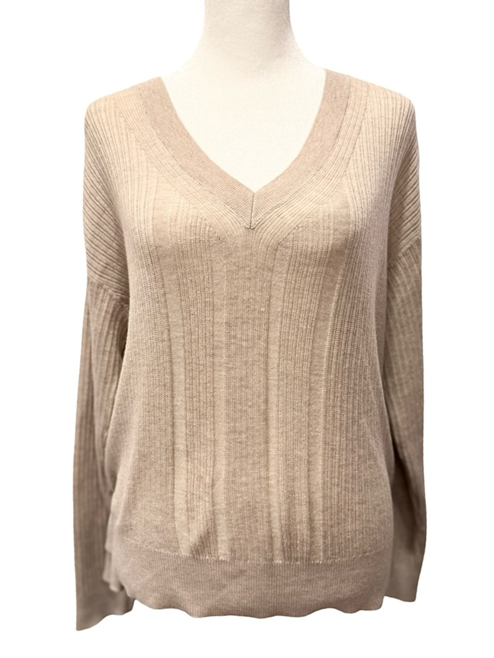 LIKE NEW White House Black Market Beige Ribbed V-Neck Summer Sweater (medium)